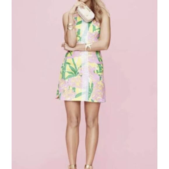 Lilly Pulitzer Embroidered Flamingo Fan Party Mini Dress Women Size 2 Pink Green - Picture 1 of 7